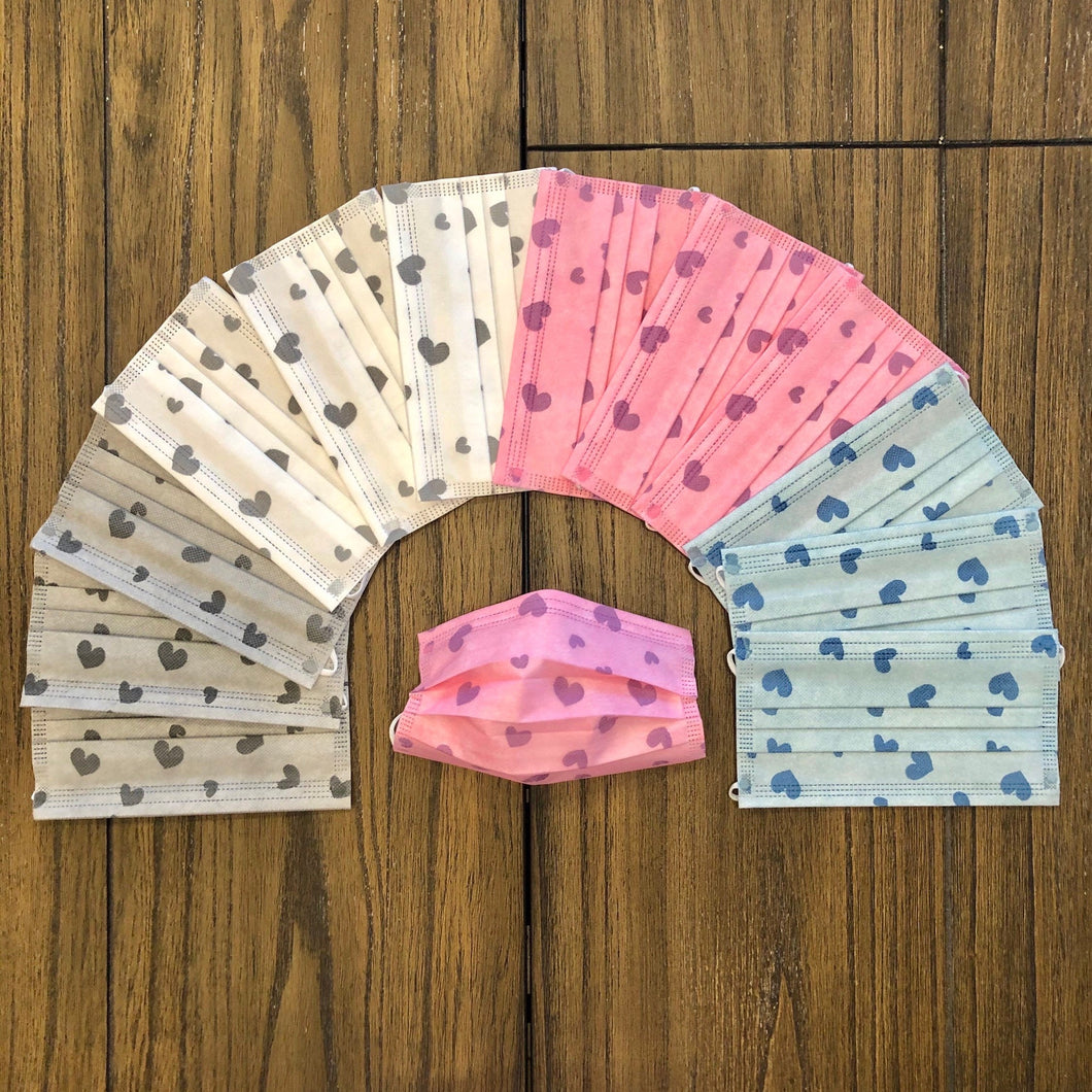 Pack of 10 or 50 Adult Premium Colorful Heart Printed Disposable Face Masks