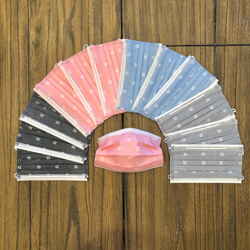 Pack of 10 or 50 Adult Premium Colorful Arrow BoHo Printed Disposable Face Masks | Pink | Blue | Gray | Dark Gray